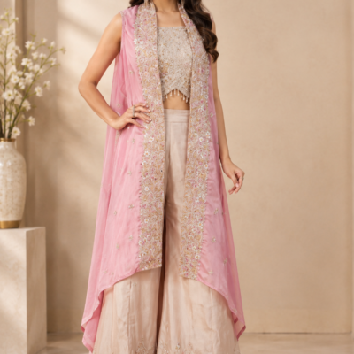 Pastel Pink & Cream Embroidered Palazzo Set | Feeling Celebration