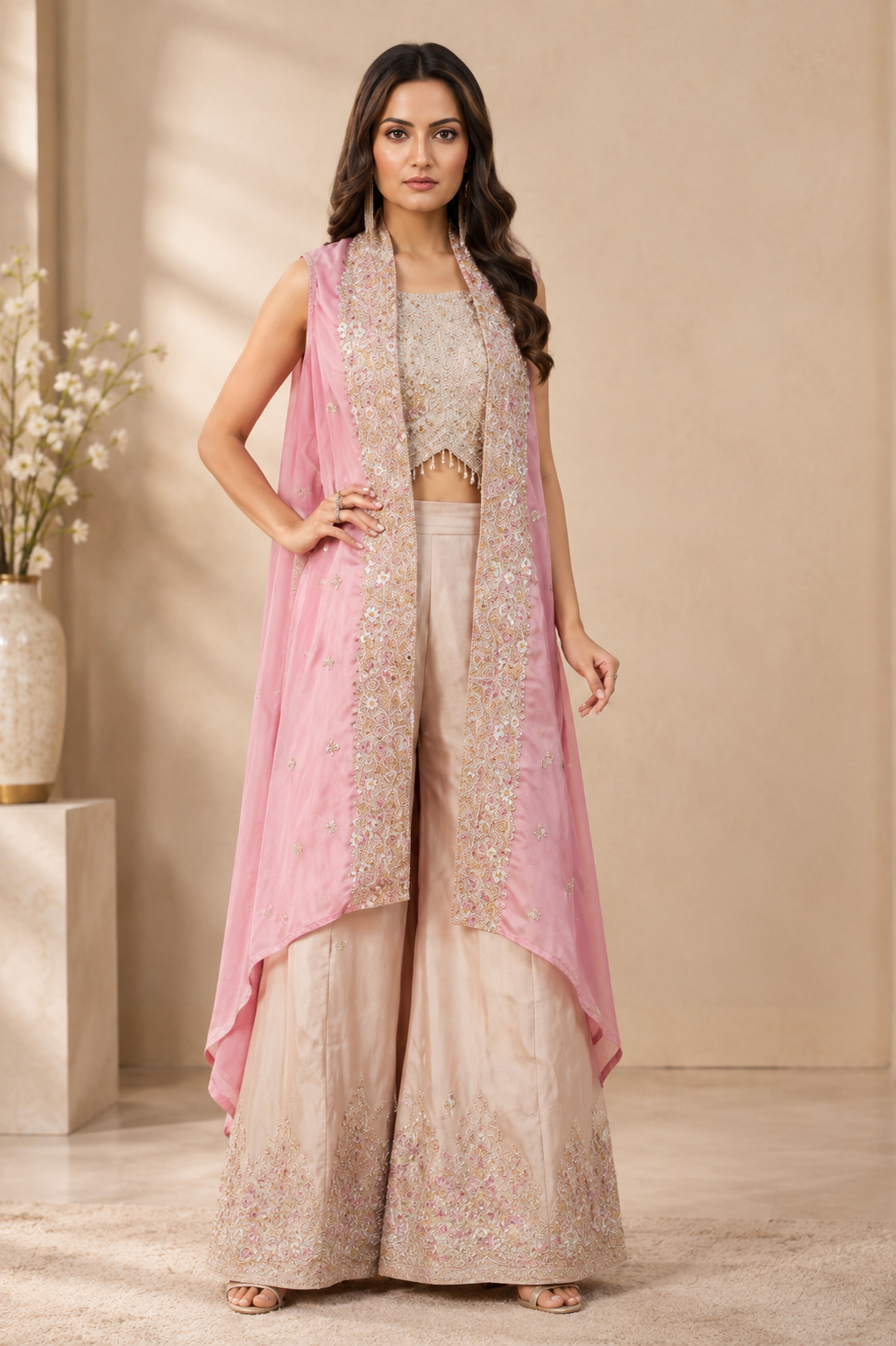 Pastel Pink & Cream Embroidered Palazzo Set | Feeling Celebration
