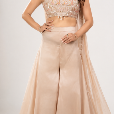 Elegant Beige Embroidered Indo-Western Palazzo Set with Dupatta | Feeling Celebration