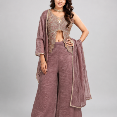 Women’s Mauve Embroidered Indo-Western Palazzo Set with Dupatta | Feeling Celebration