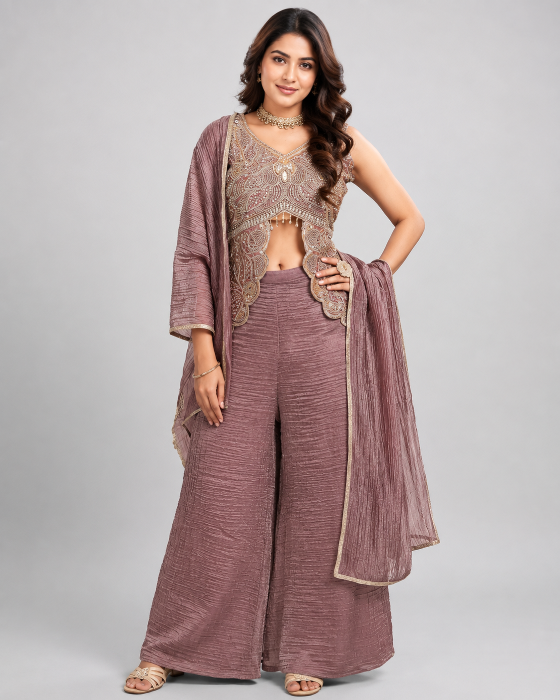 Women’s Mauve Embroidered Indo-Western Palazzo Set with Dupatta | Feeling Celebration