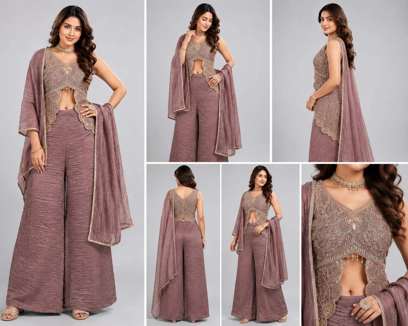 Women’s Mauve Embroidered Indo-Western Palazzo Set with Dupatta - Image 2