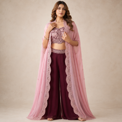 Women’s Pink Embroidered Crop Top Palazzo Set with Cape Dupatta | Feeling Celebration