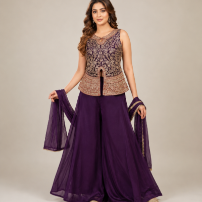 Women’s Deep Purple Embroidered Peplum Top Palazzo Set with Dupatta | Feeling Celebration