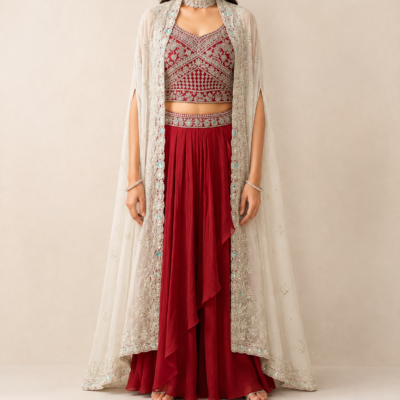Women’s Red Embroidered Crop Top Palazzo Set with Cream Cape Dupatta | Feeling Celebration