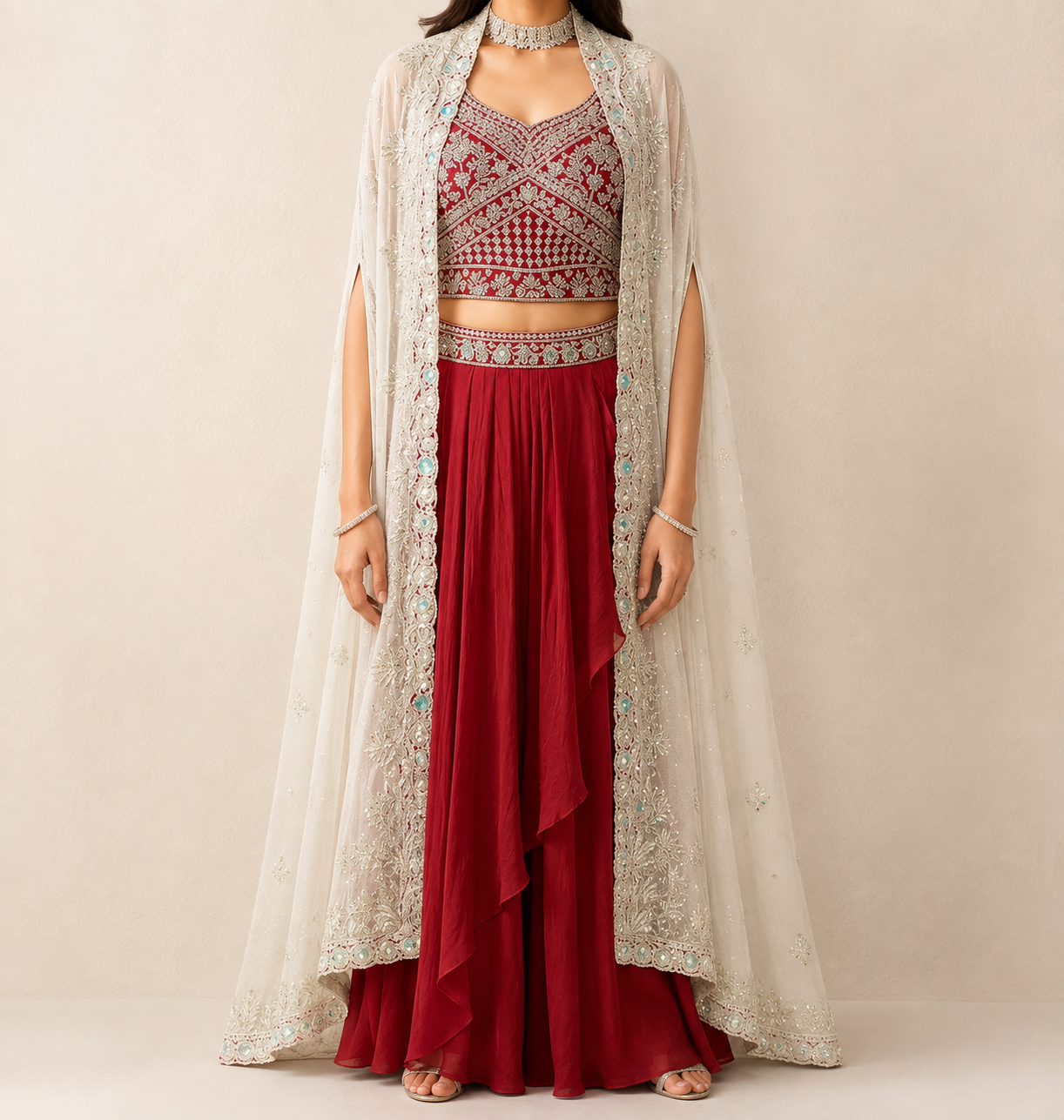 Women’s Red Embroidered Crop Top Palazzo Set with Cream Cape Dupatta | Feeling Celebration