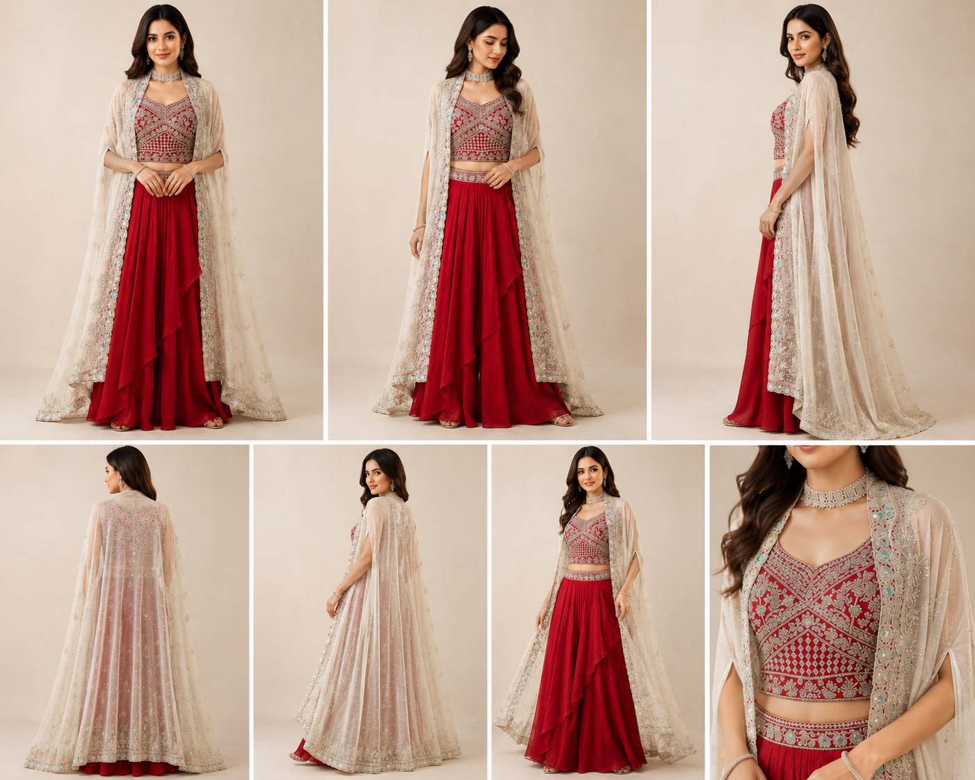 Women’s Red Embroidered Crop Top Palazzo Set with Cream Cape Dupatta - Image 2