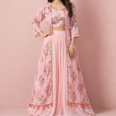 Women’s Pink Floral Crop Top Palazzo Set with Long Jacket | Feeling Celebration