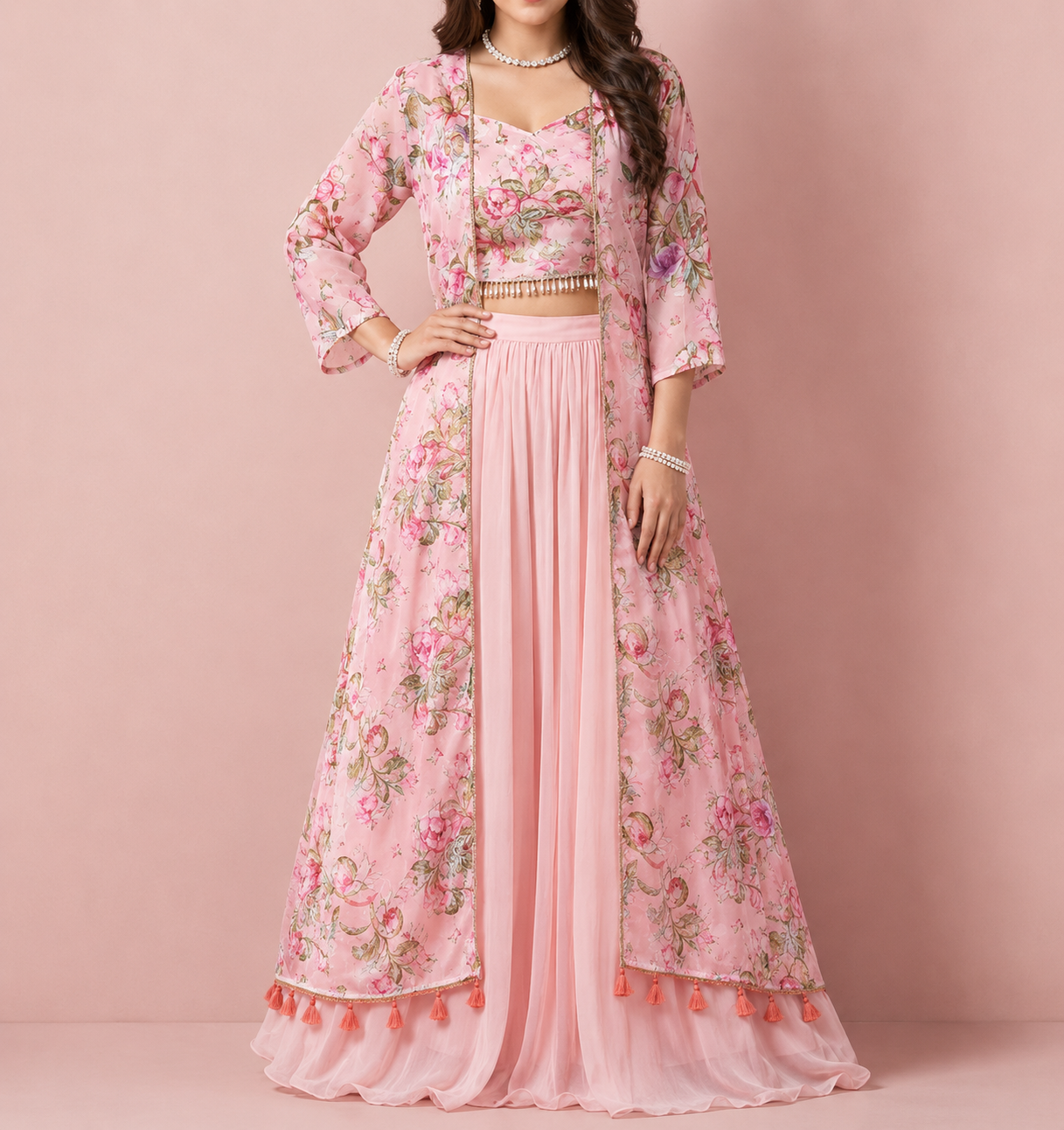 Women’s Pink Floral Crop Top Palazzo Set with Long Jacket | Feeling Celebration