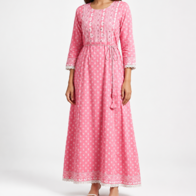 Women’s Pink Printed Flared Maxi Dress | Feeling Celebration