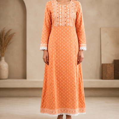 Women’s Peach Orange Printed Maxi Dress | Feeling Celebration