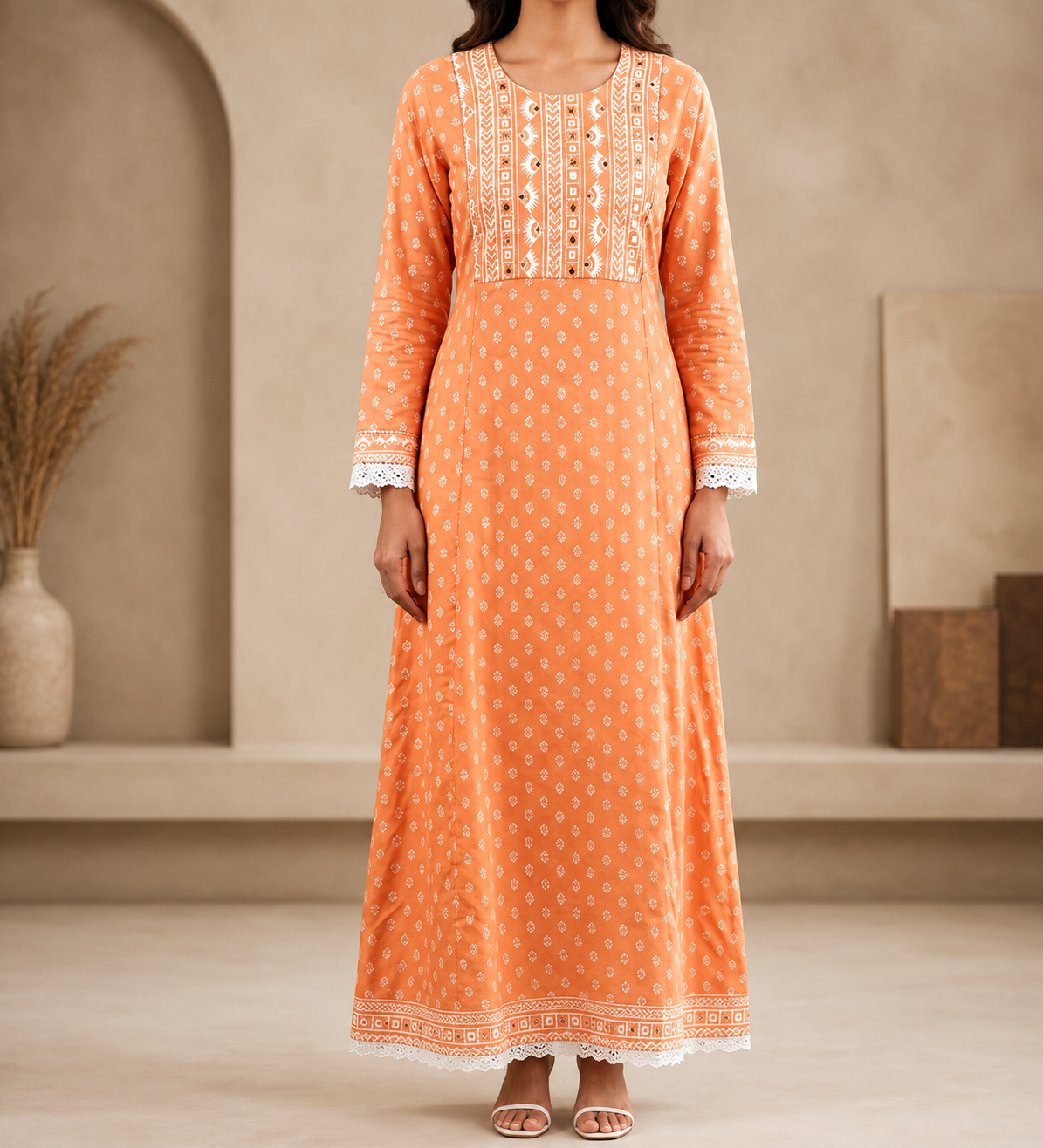Women’s Peach Orange Printed Maxi Dress | Feeling Celebration