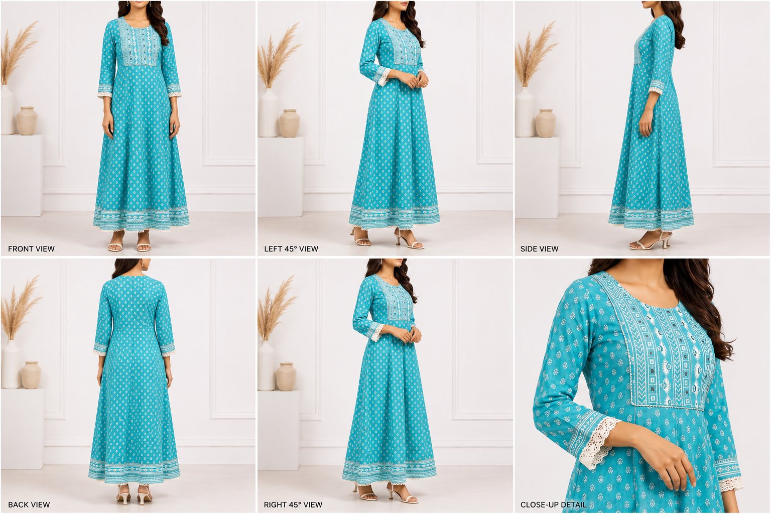 Women’s Teal Blue Printed Anarkali Maxi Dress - Image 2