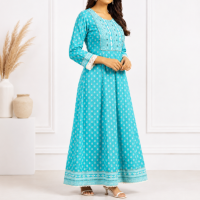 Women’s Teal Blue Printed Anarkali Maxi Dress | Feeling Celebration