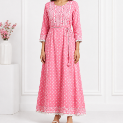 Women’s Pink Printed Anarkali Maxi Dress | Feeling Celebration