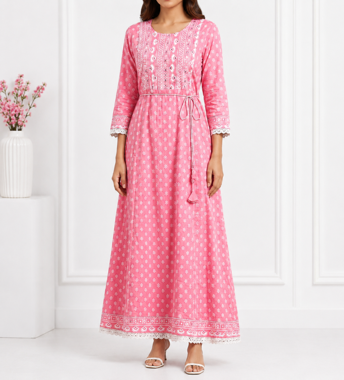 Women’s Pink Printed Anarkali Maxi Dress | Feeling Celebration