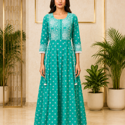 Women’s Teal Green Printed Anarkali Maxi Dress | Feeling Celebration