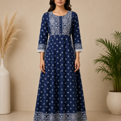 Women’s Navy Blue Printed Anarkali Maxi Dress | Feeling Celebration