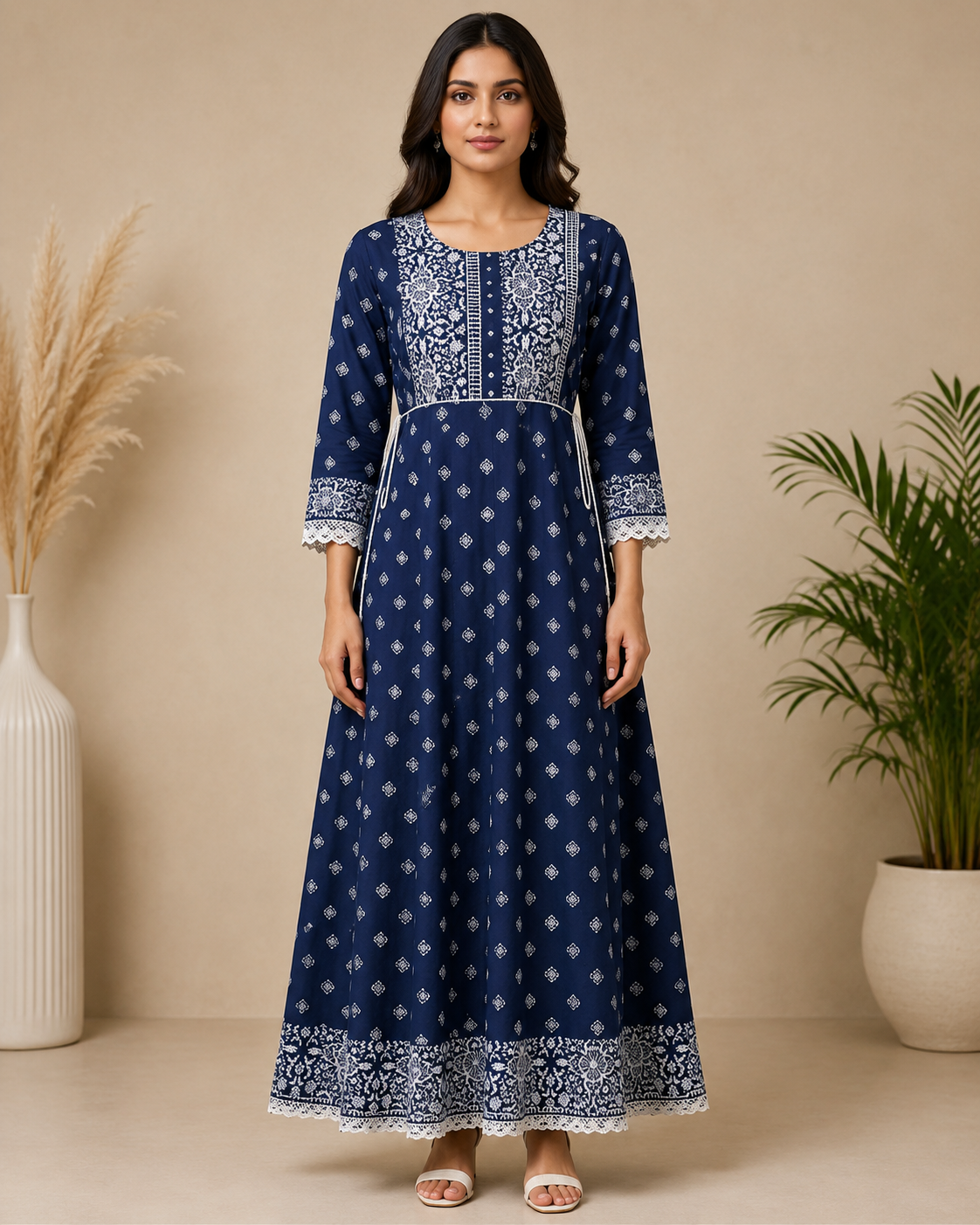 Women’s Navy Blue Printed Anarkali Maxi Dress | Feeling Celebration