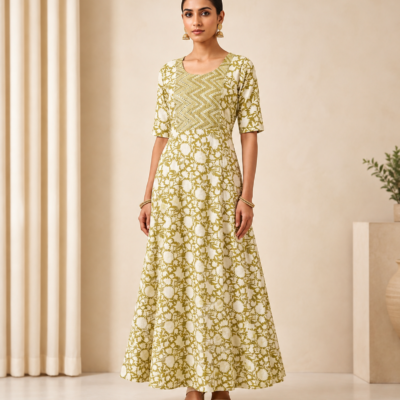 Women’s Olive Green & White Floral Printed Anarkali Dress | Feeling Celebration
