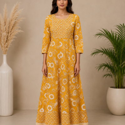 Women’s Mustard Yellow Floral Printed Anarkali Dress | Feeling Celebration