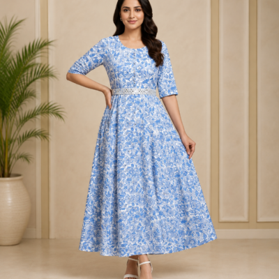 Women’s Sky Blue Floral Printed Midi Dress | Feeling Celebration