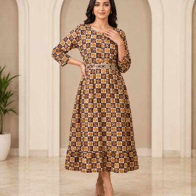 Women’s Brown Geometric Printed Midi Dress | Feeling Celebration