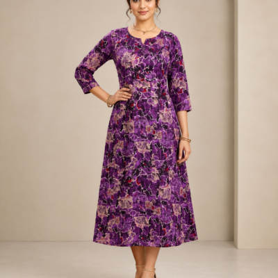 Women’s Purple Abstract Floral Printed Midi Dress | Feeling Celebration