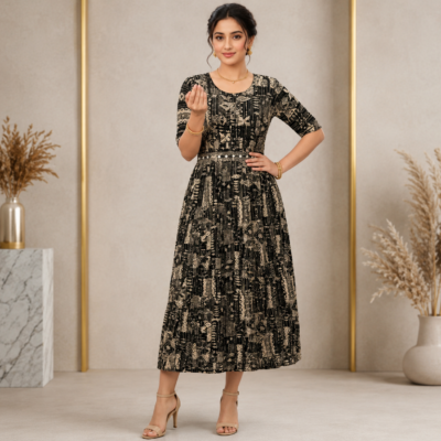 Women’s Black & Beige Abstract Printed Midi Dress | Feeling Celebration