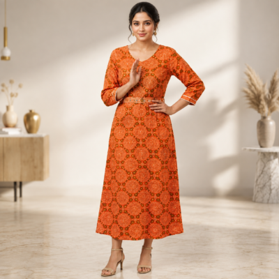 Women’s Orange Printed Long Dress | Feeling Celebration