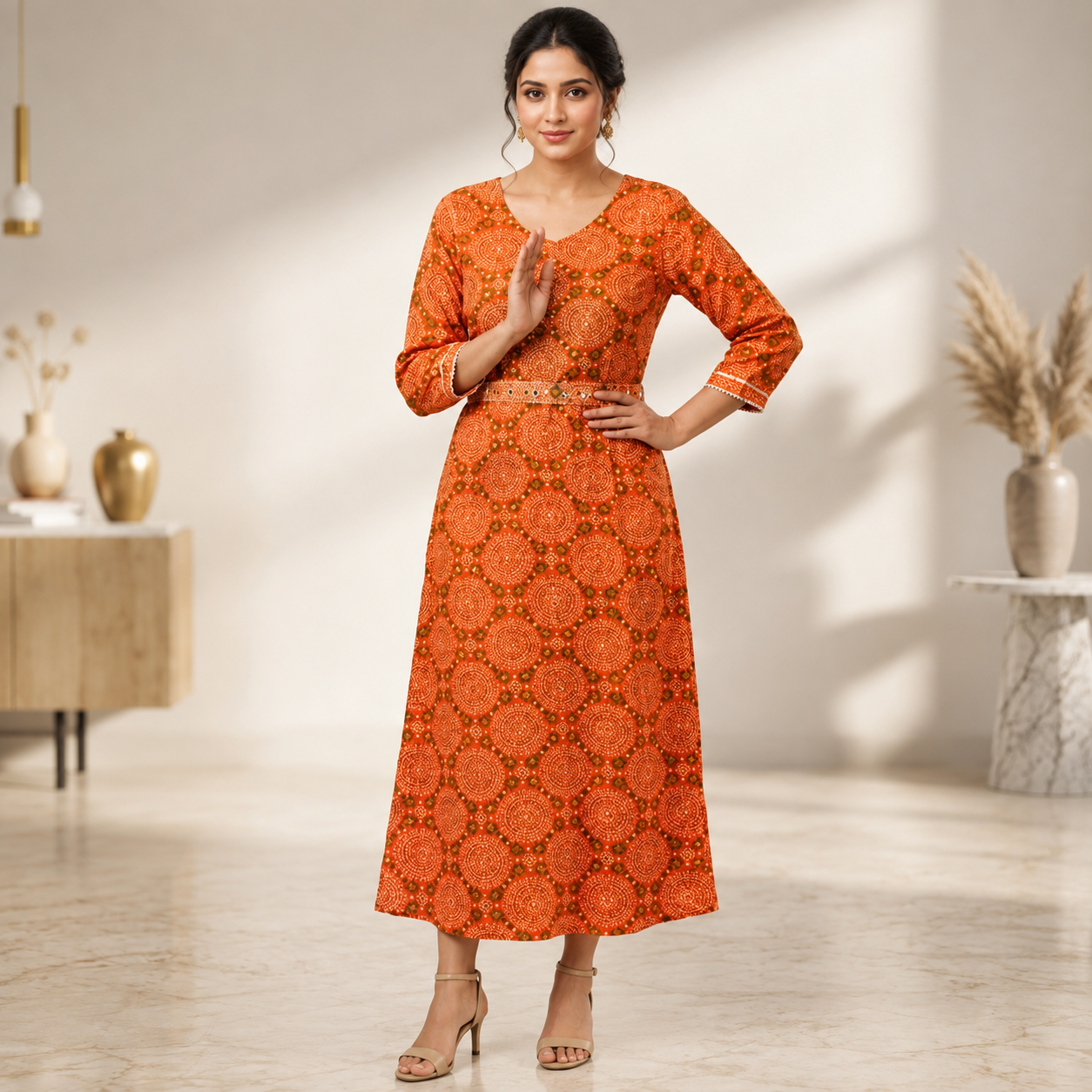 Women’s Orange Printed Long Dress | Feeling Celebration