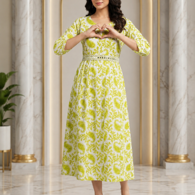 Women’s White & Lime Green Printed Long Dress | Feeling Celebration