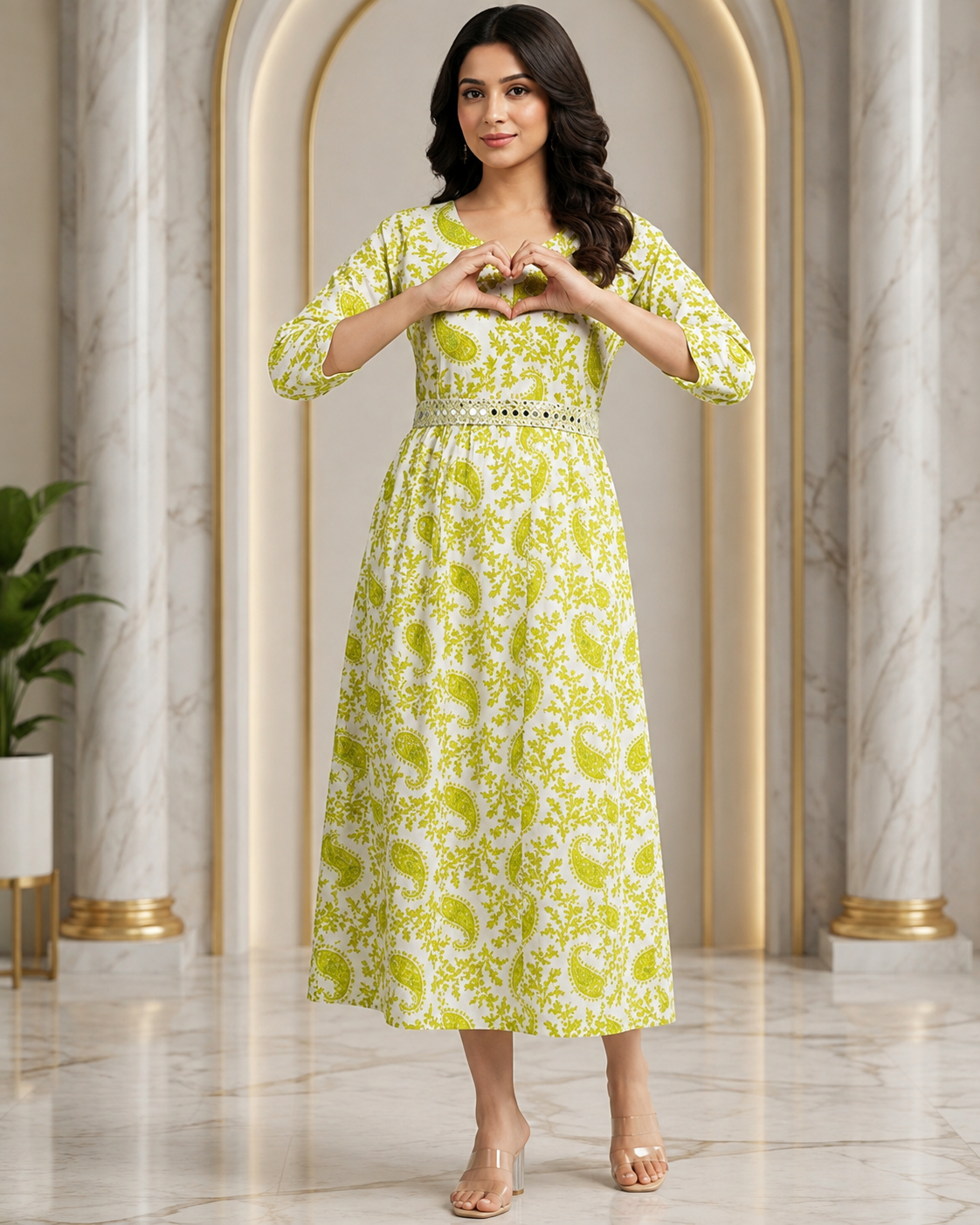 Women’s White & Lime Green Printed Long Dress | Feeling Celebration
