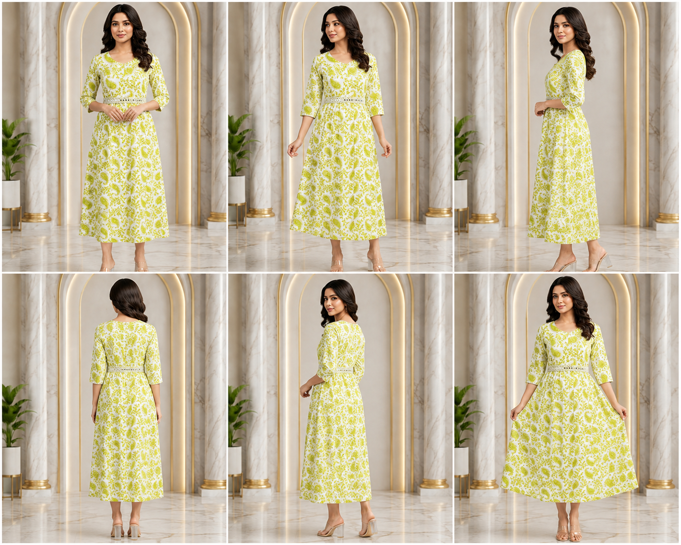 Women’s White & Lime Green Printed Long Dress - Image 2