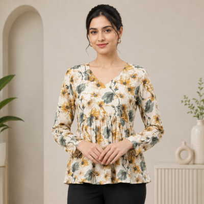 Women’s Cream Floral Printed Peplum Top | Feeling Celebration