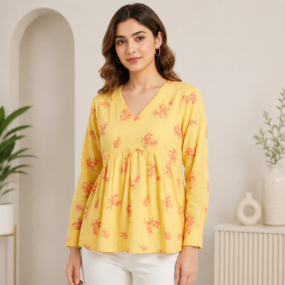 Women’s Yellow Floral Printed Peplum Top | Feeling Celebration