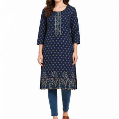 Women’s Navy Blue Floral Printed Embroidered Kurta | Feeling Celebration