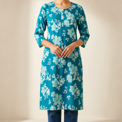Women’s Teal Floral Printed Straight Kurta