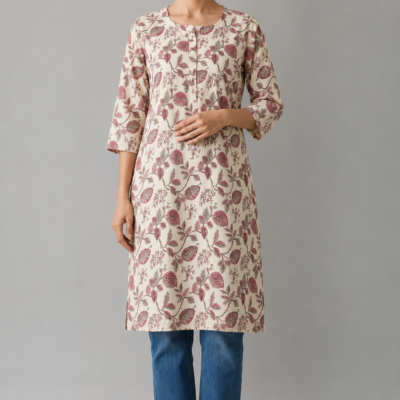 Women’s Cream Floral Printed Straight Kurta