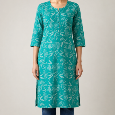 Women’s Teal Green Botanical Printed Kurta