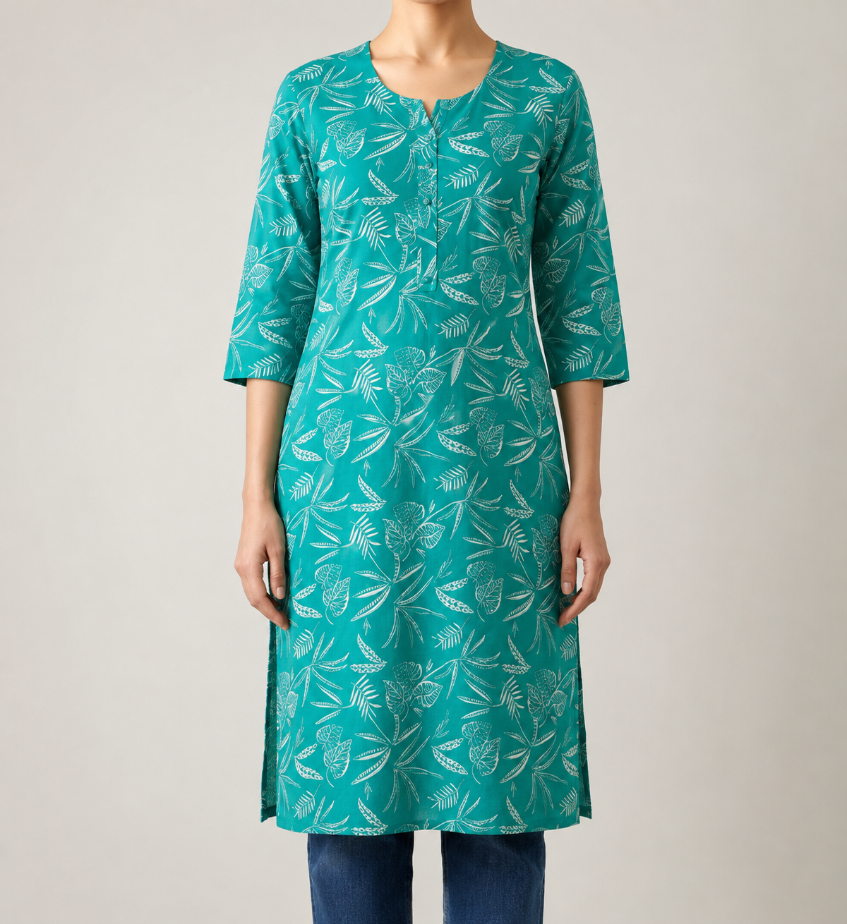 Women’s Teal Green Botanical Printed Kurta | Feeling Celebration
