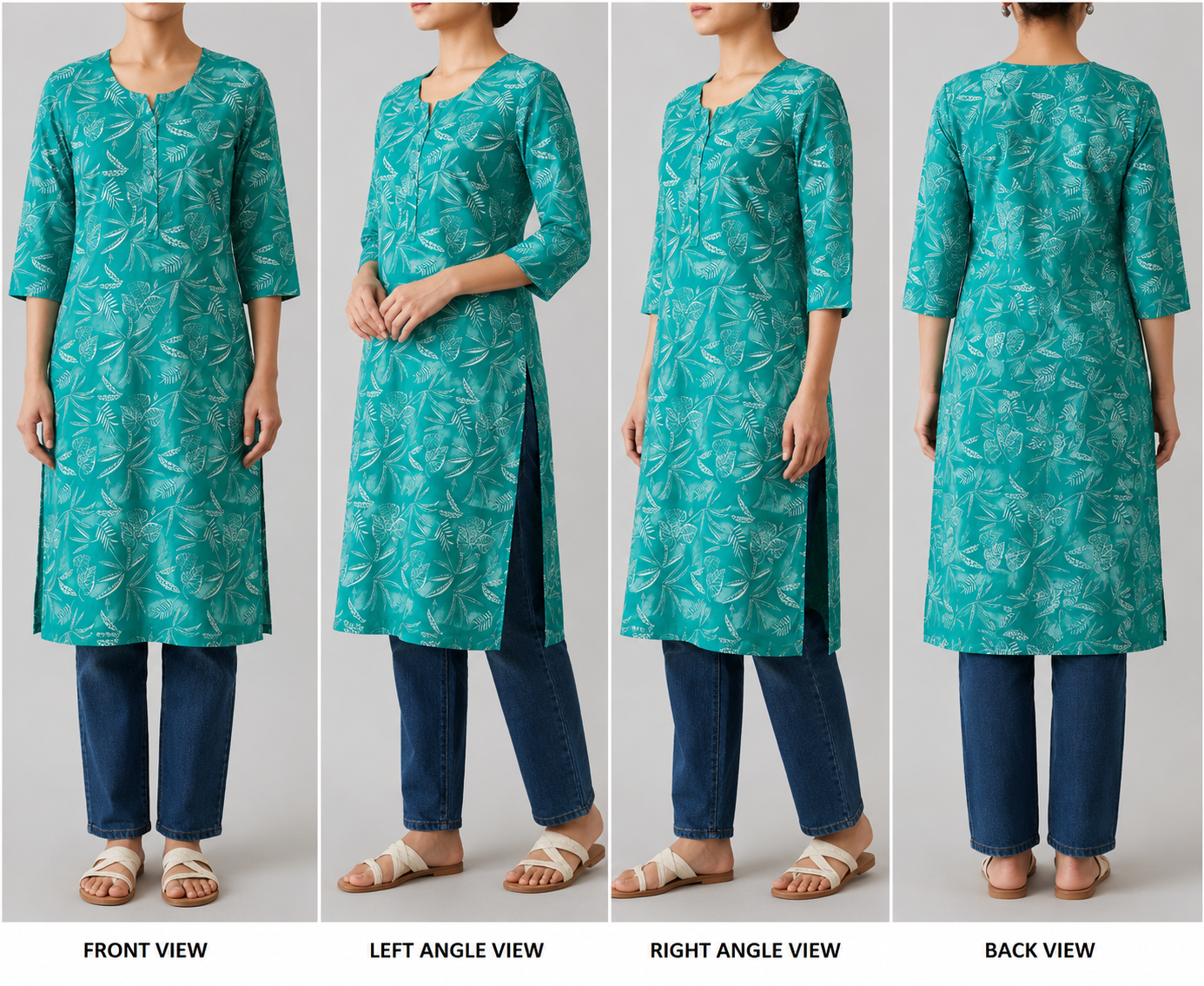 Women’s Teal Green Botanical Printed Kurta - Image 2
