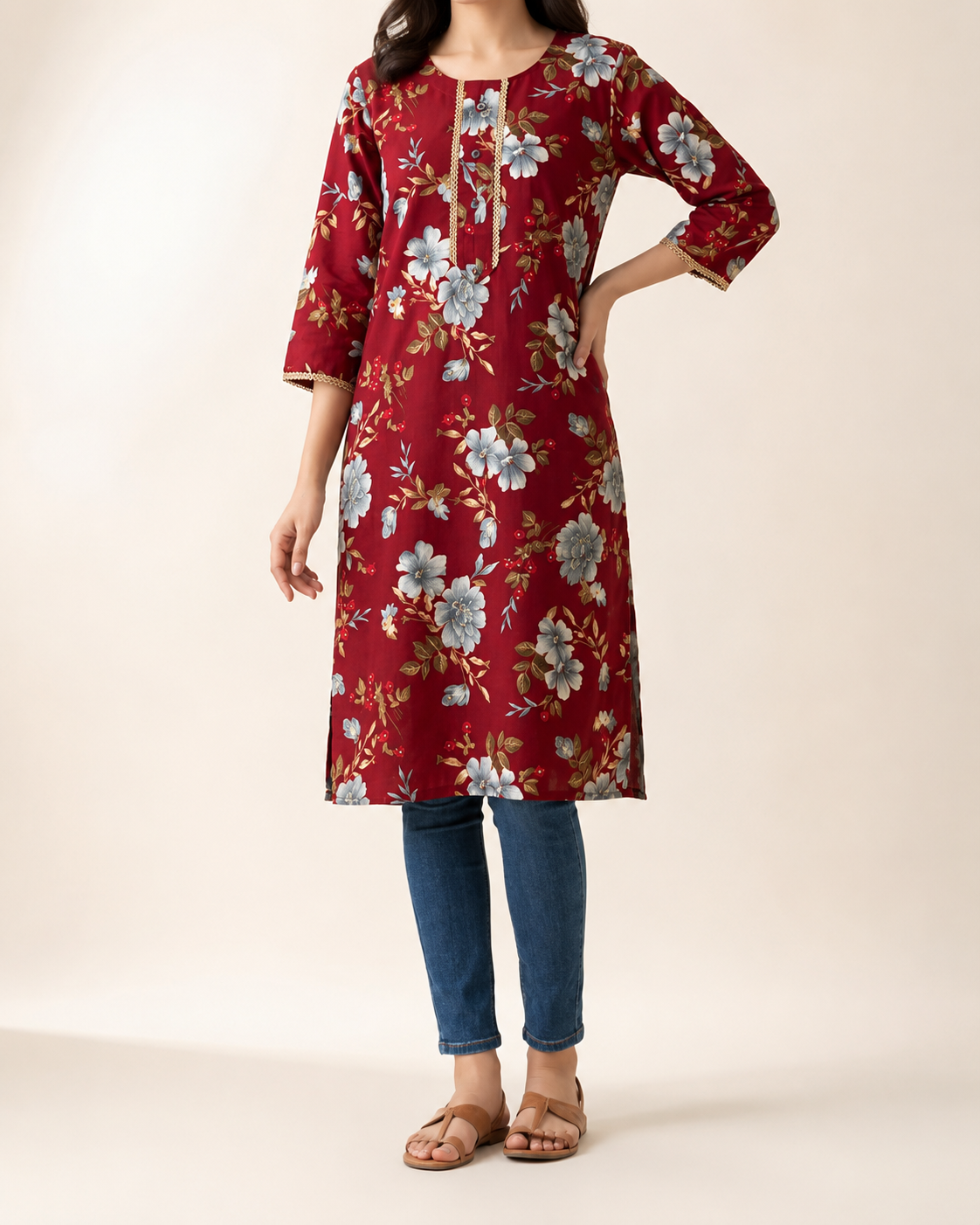 Women’s Maroon Floral Printed Kurti | Feeling Celebration