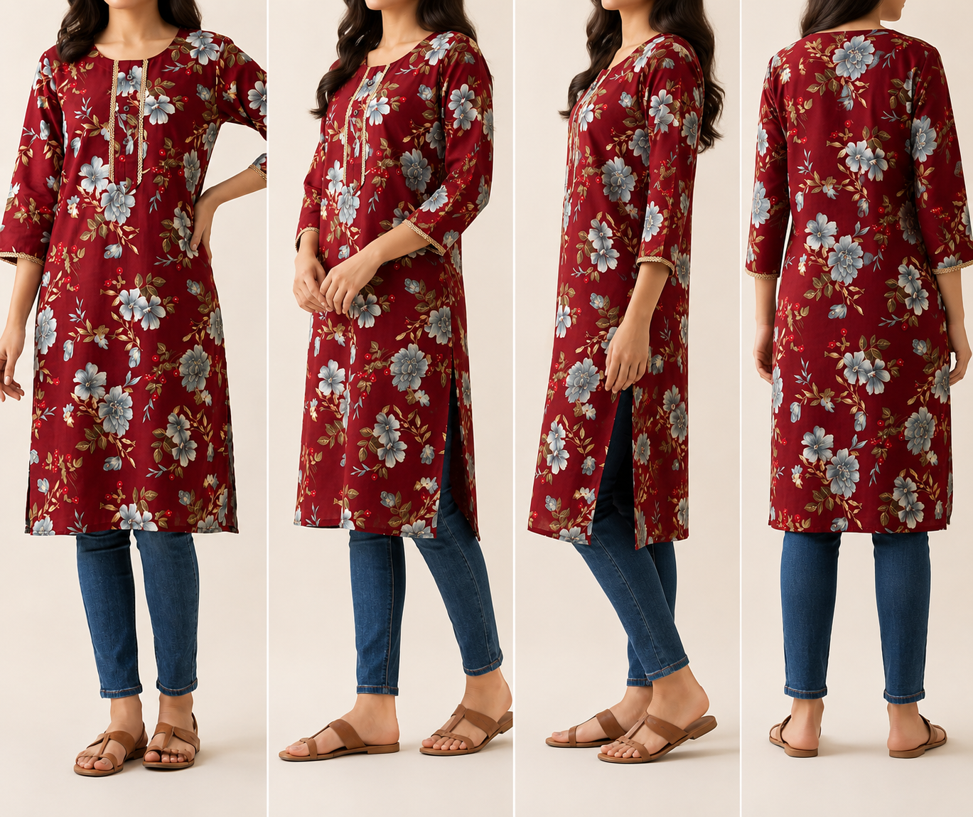 Women’s Maroon Floral Printed Kurti - Image 2
