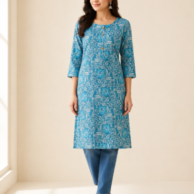 Women’s Teal Blue Floral Printed Kurti | Feeling Celebration