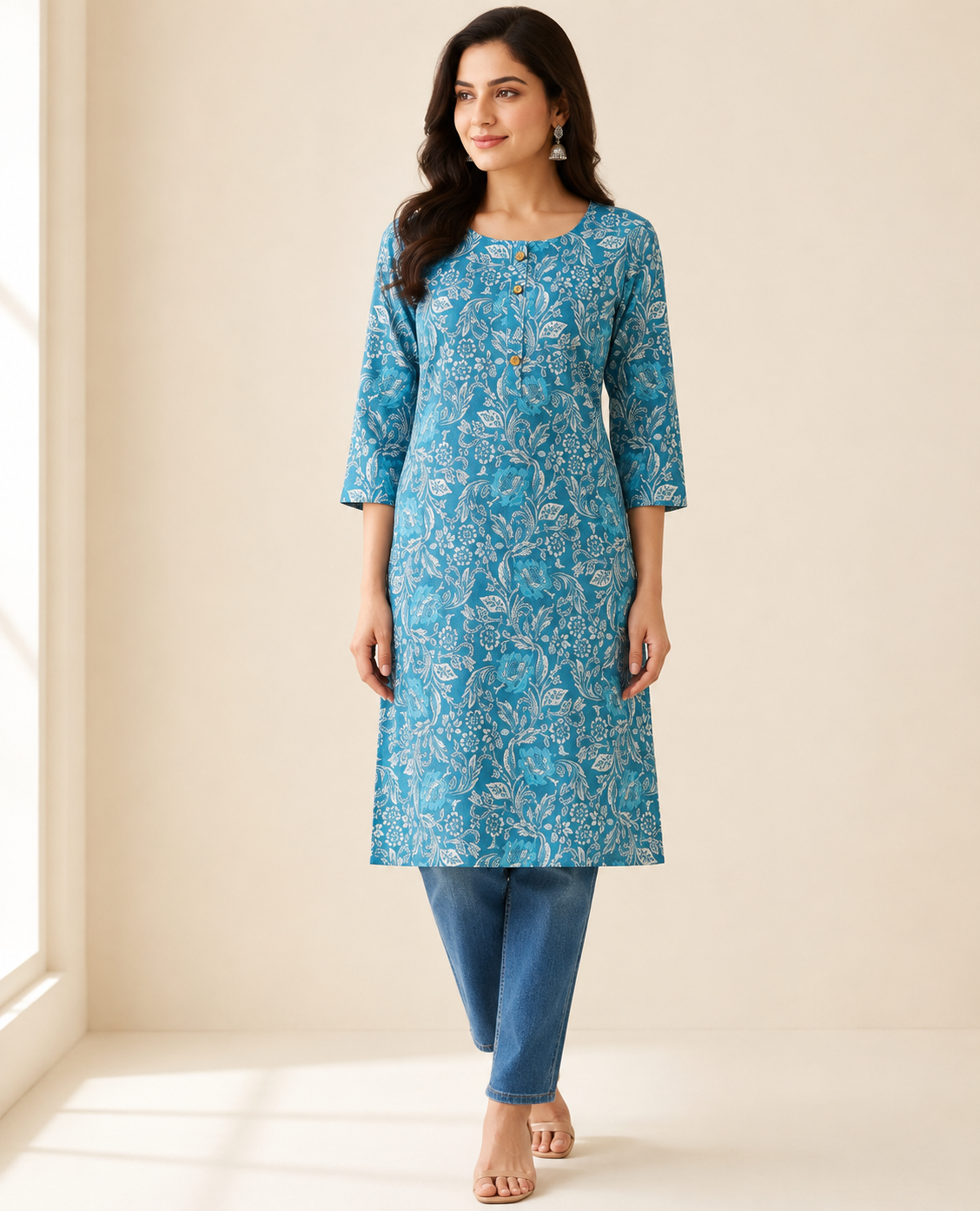 Women’s Teal Blue Floral Printed Kurti | Feeling Celebration