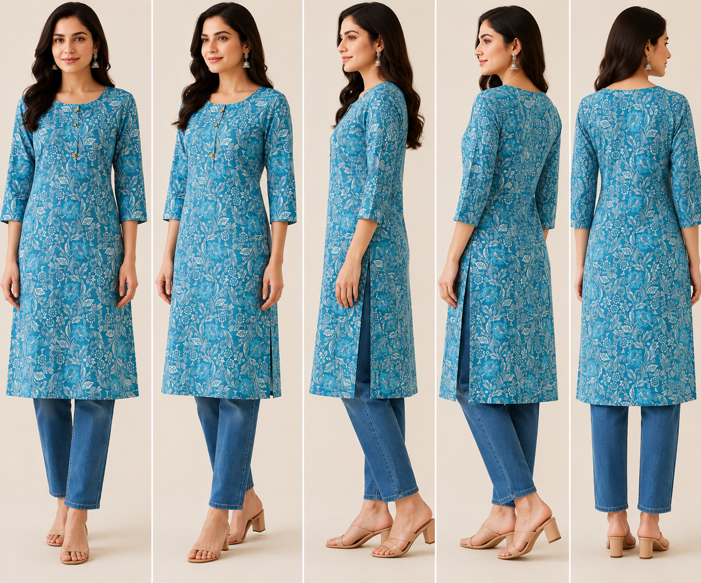 Women’s Teal Blue Floral Printed Kurti - Image 2