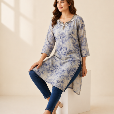 Women’s Grey Floral Printed Asymmetrical Kurti | Feeling Celebration