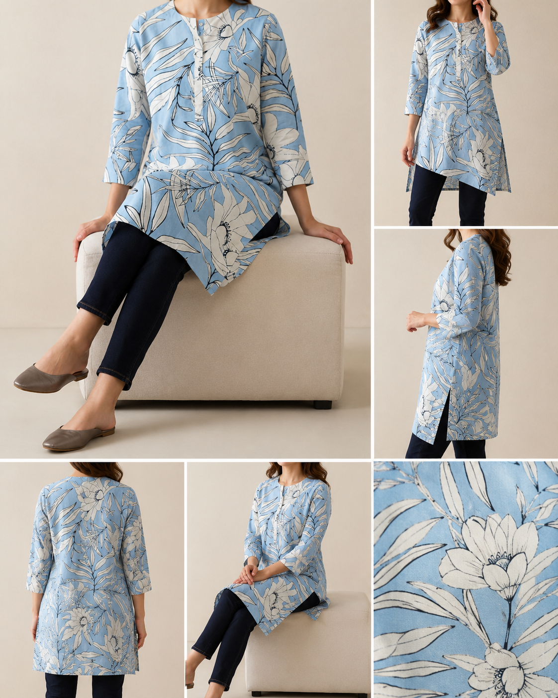 Women’s Blue Floral Printed Cotton Kurti | Feeling Celebration