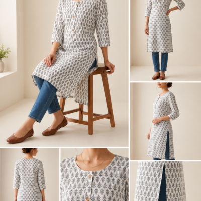 Women’s White & Grey Printed Kurti